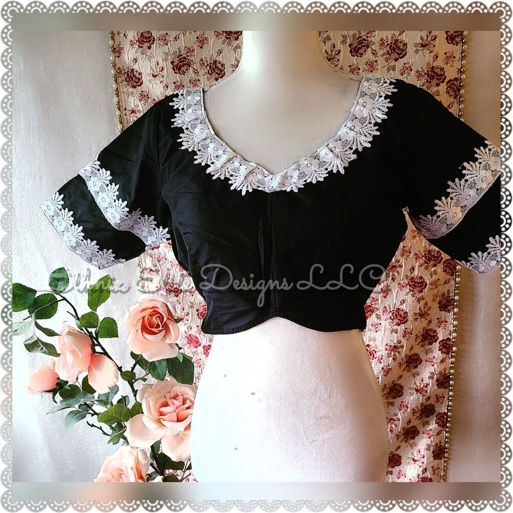 Handmade Women Silk cottonBlack Choli Blouse White Lace Trim Tie Back Size L 42